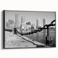 Black and white vintage poster art depicting a serene landscape, printed on framed canvas, suitable for bedroom wall decor.