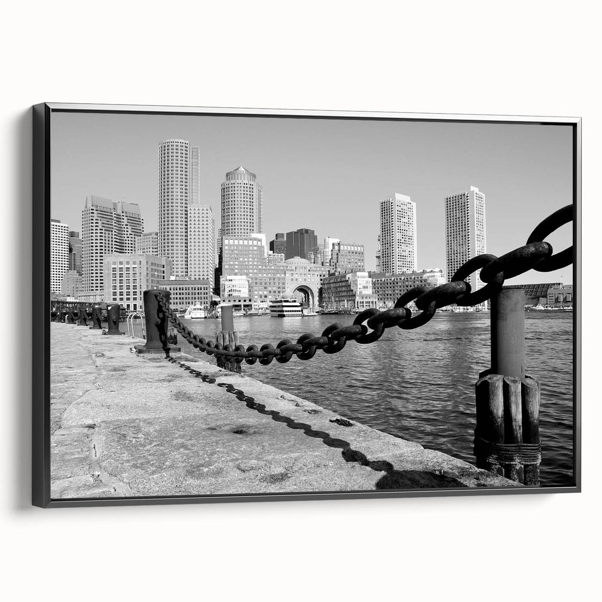 Black and white vintage poster art depicting a serene landscape, printed on framed canvas, suitable for bedroom wall decor.