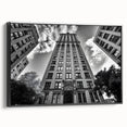 Black and white vintage poster art depicting a serene landscape, printed on framed canvas, suitable for bedroom decor.