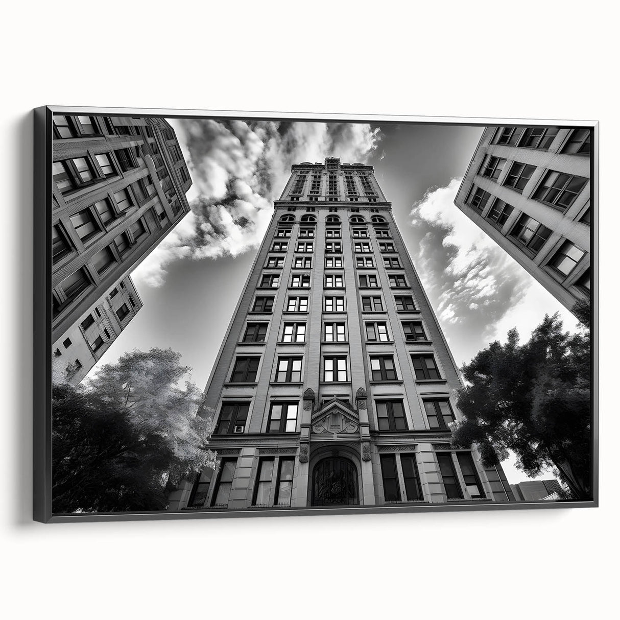 Black and white vintage poster art depicting a serene landscape, printed on framed canvas, suitable for bedroom decor.