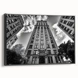 Black and white vintage poster art depicting a serene landscape, printed on framed canvas, suitable for bedroom decor.
