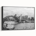Black and white vintage poster art depicting a serene landscape, printed on framed canvas, ideal for bedroom decor.