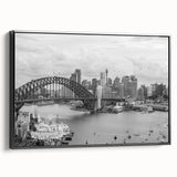 Black and white vintage poster art depicting a serene landscape, printed on framed canvas, ideal for bedroom decor.