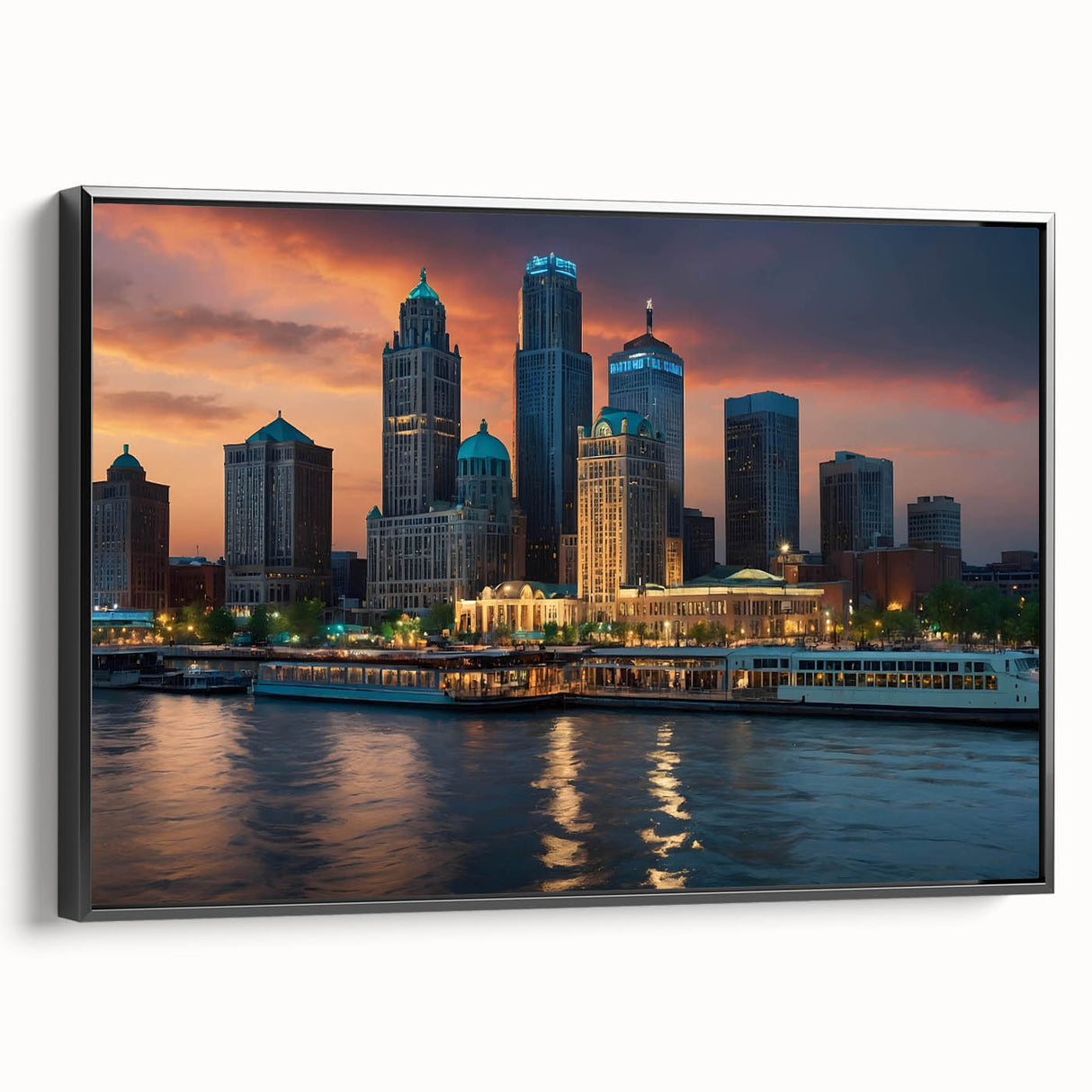 Black and white landscape painting of a serene river, framed poster, ideal for bedroom wall art.