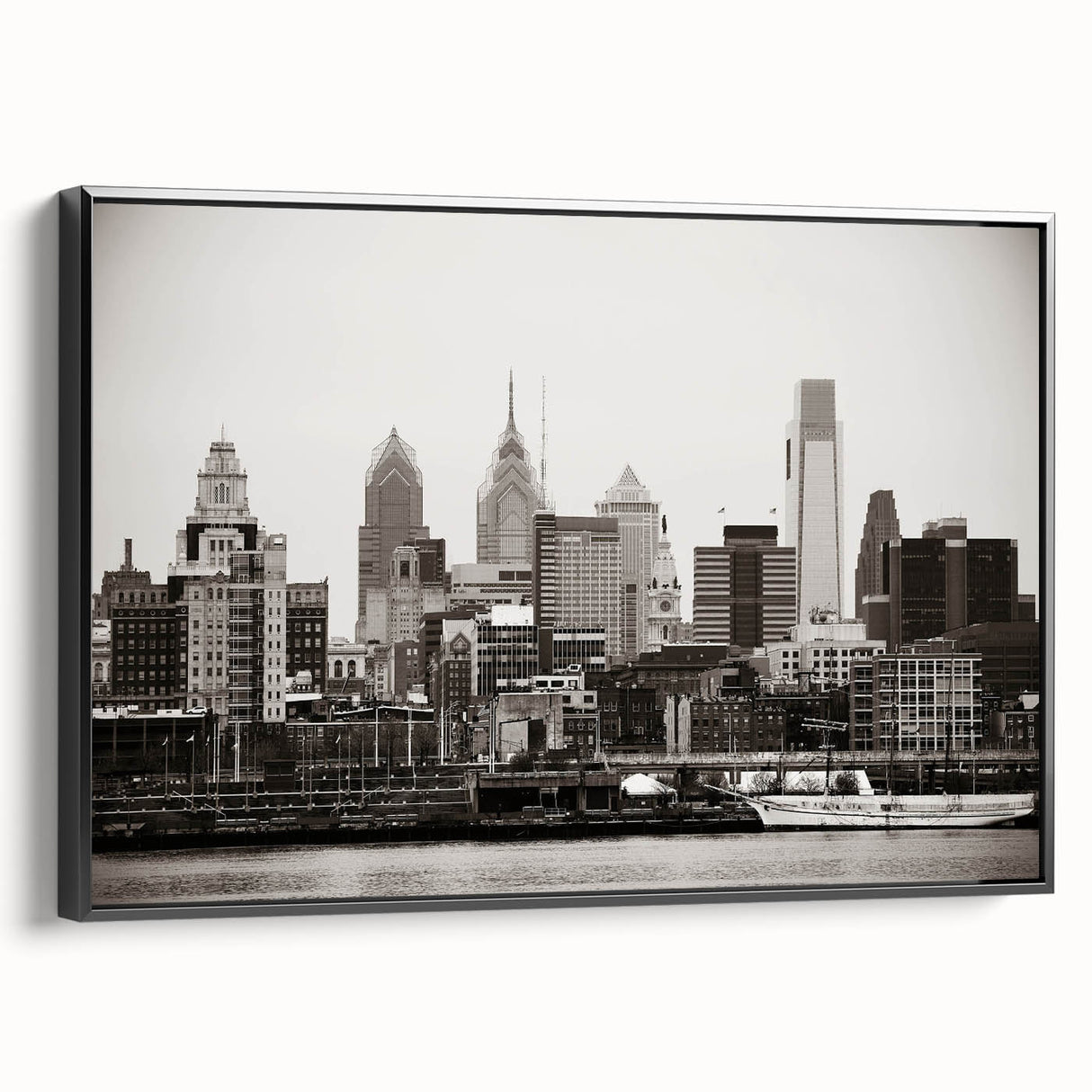 Black and white landscape art painting on canvas, depicting a serene mountain scene in vintage poster style.