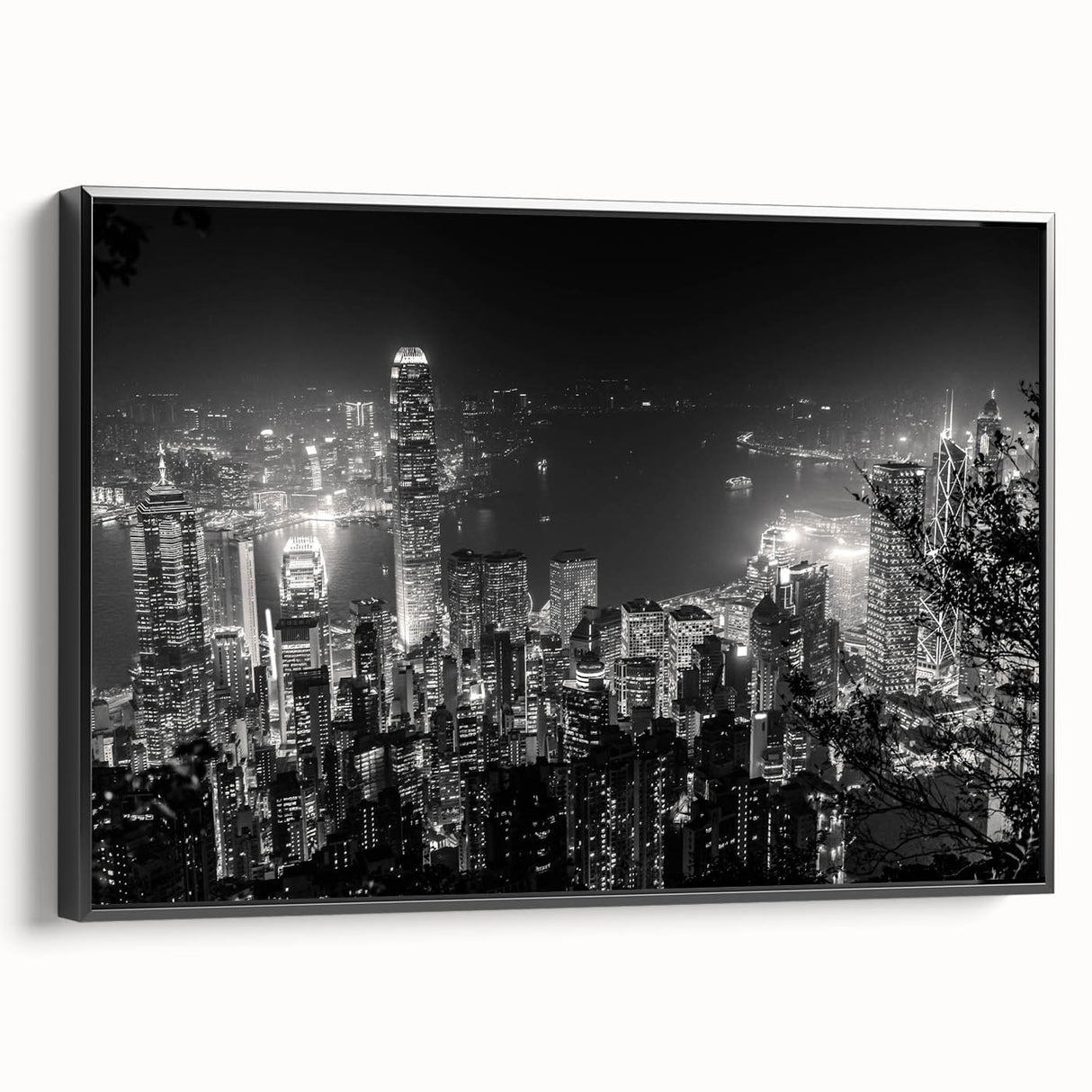 Black and white landscape painting on canvas featuring a serene tree-lined river, in a vintage poster style.