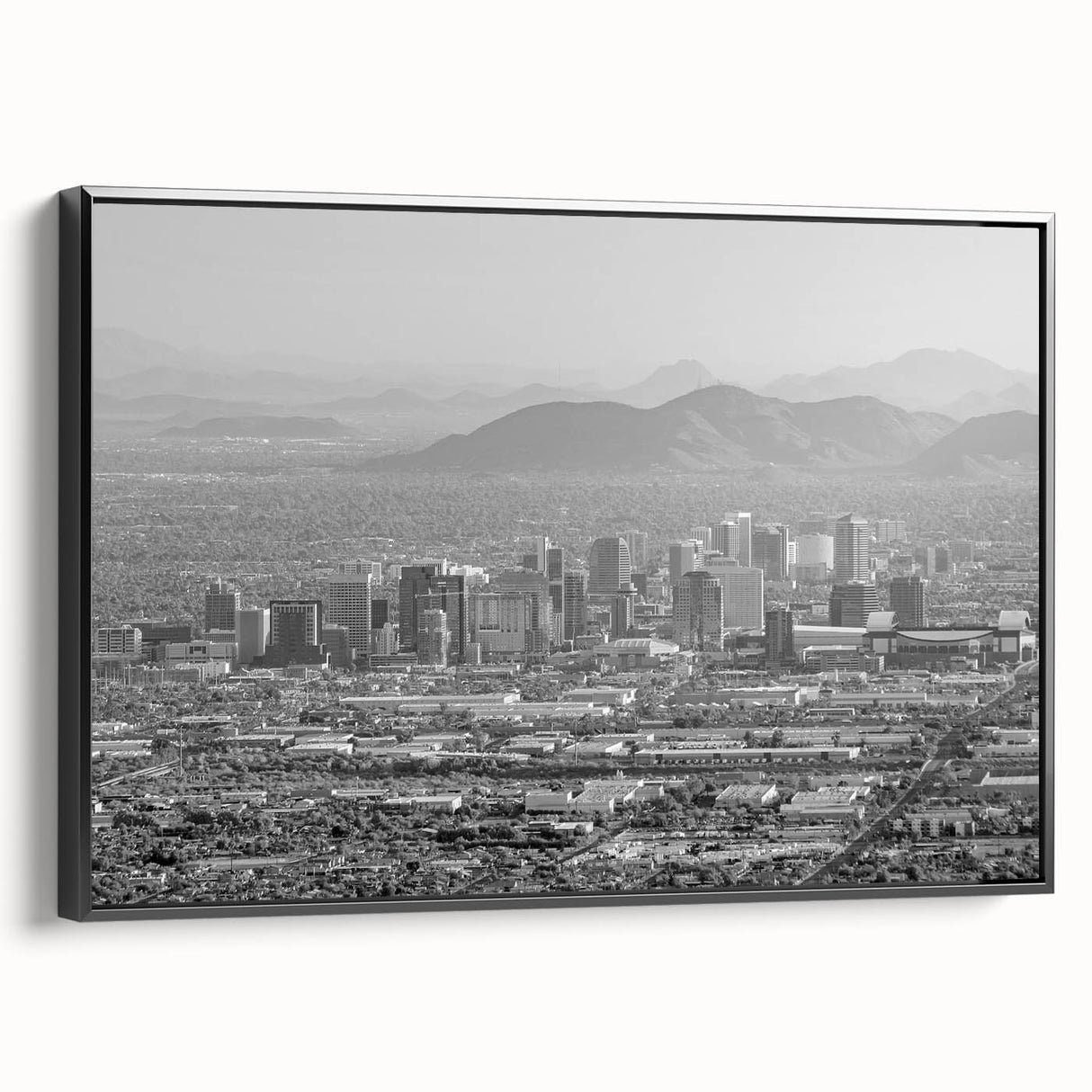 Black and white vintage poster art of a serene landscape, printed on framed canvas, ideal for bedroom wall decor.