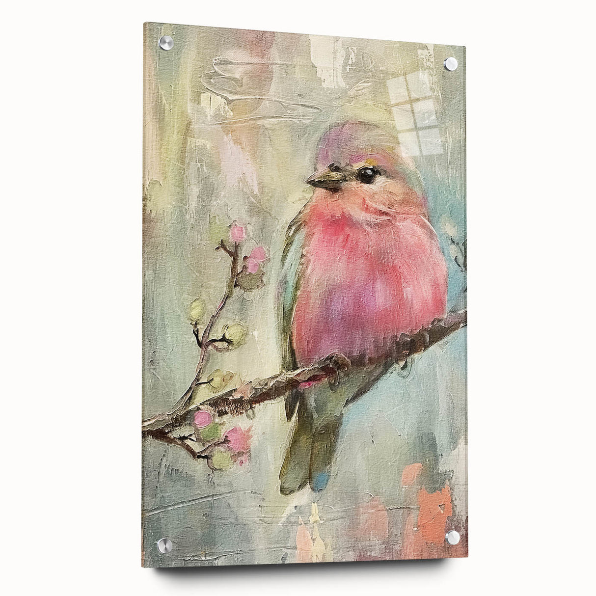 Acrylic glass panel showcasing a side view with decorative pins, ideal for modern home decor or art displays, featuring a sleek transparent finish and vibrant colors.