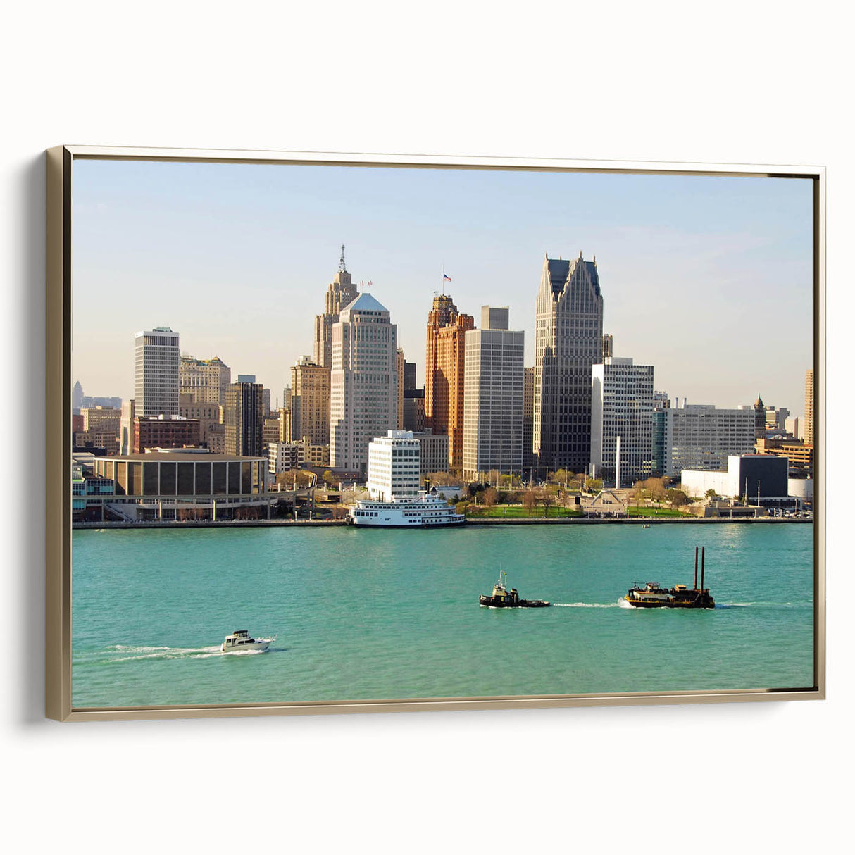 Landscape painting of a serene lake scene in muted greens and blues on a framed canvas, suitable for bedroom wall decor.