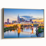 Landscape painting on canvas featuring a serene lake scene in muted earth tones, framed in black.