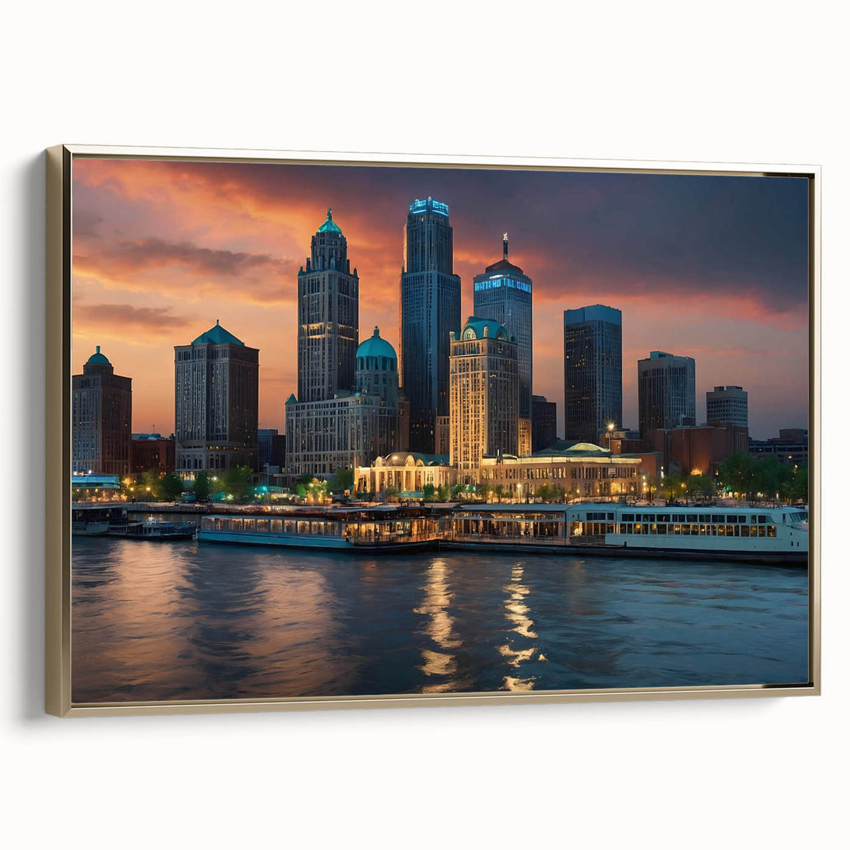 Landscape painting of a serene lake at sunset in muted orange and blue tones on canvas, ideal for bedroom wall art.