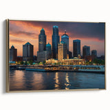 Landscape painting of a serene lake at sunset in muted orange and blue tones on canvas, ideal for bedroom wall art.