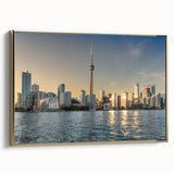 Landscape painting of a serene lake at sunset, in muted gray and black tones, on a framed canvas.