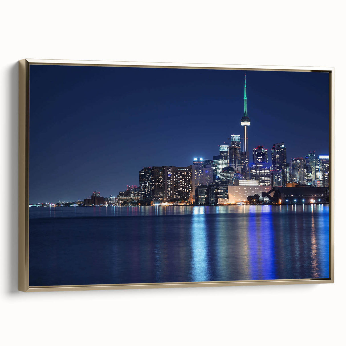 Landscape painting of a serene lake at dusk, featuring muted blue and black tones on a framed poster.