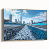 Landscape painting of a serene lake at sunrise in muted blues and grays, vintage poster style, ideal for bedroom wall art.