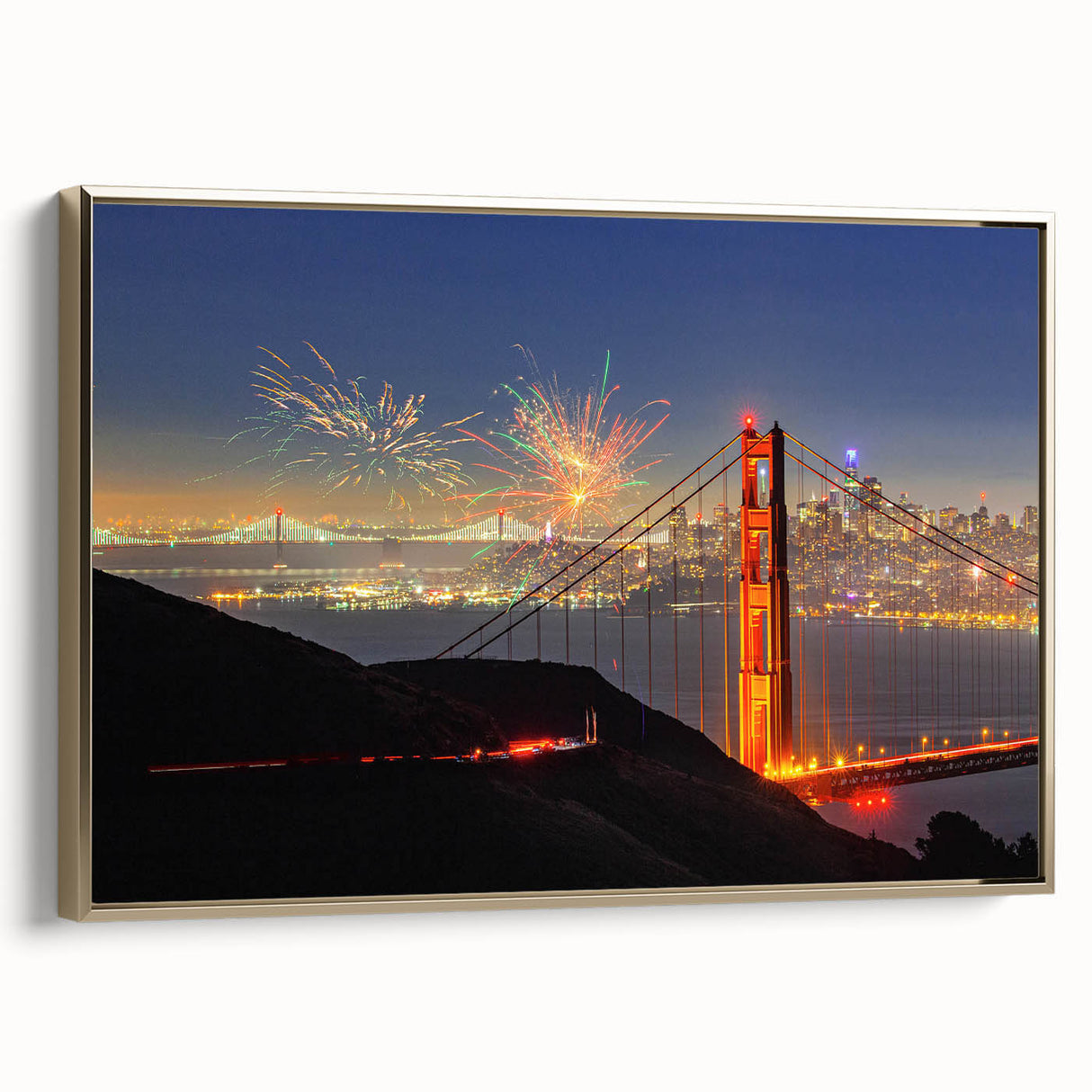 Landscape painting featuring a serene lake scene in muted blues and greens on a framed canvas, suited for bedroom decor.