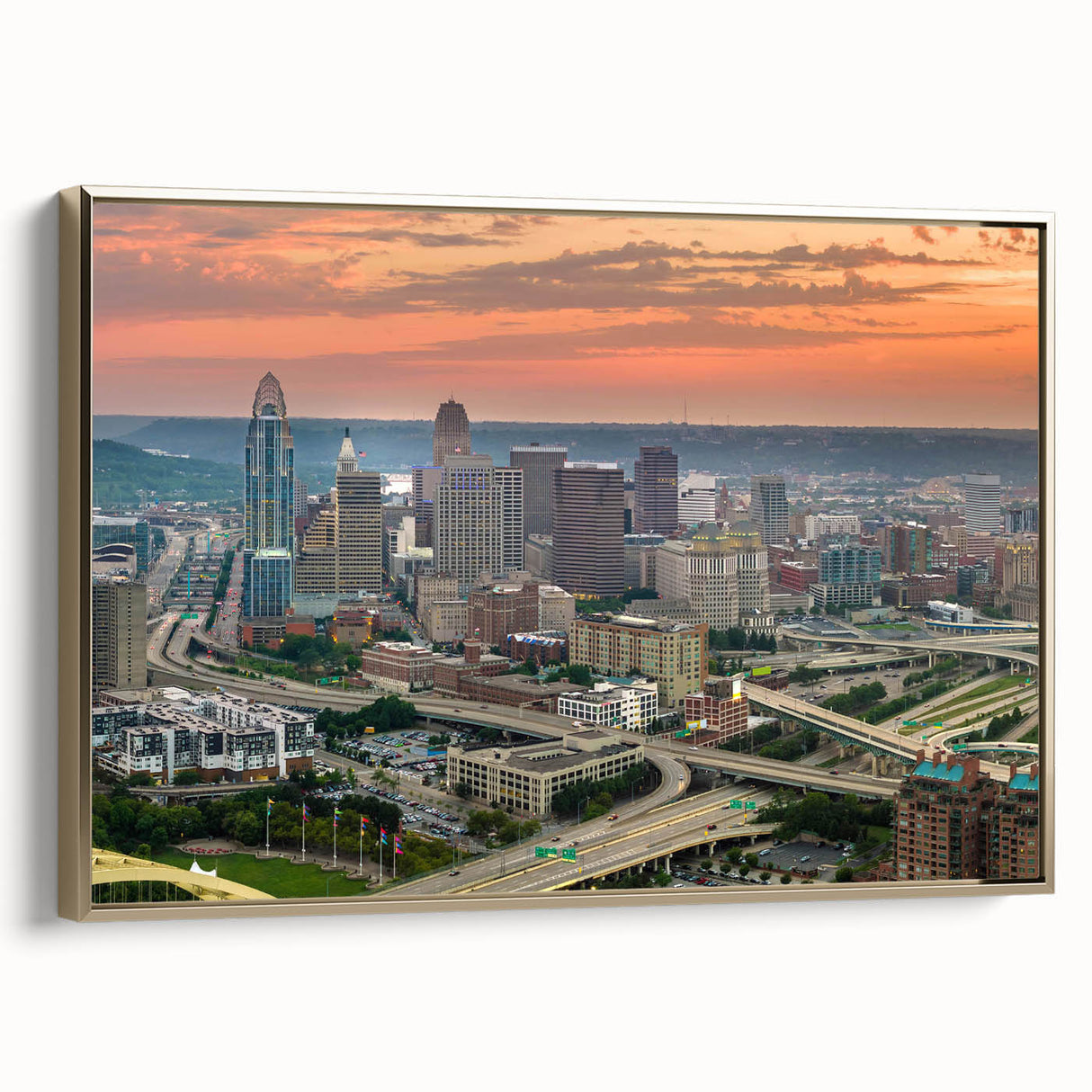 Vintage poster art of a serene landscape in muted earth tones on a framed canvas, ideal for bedroom wall decor.