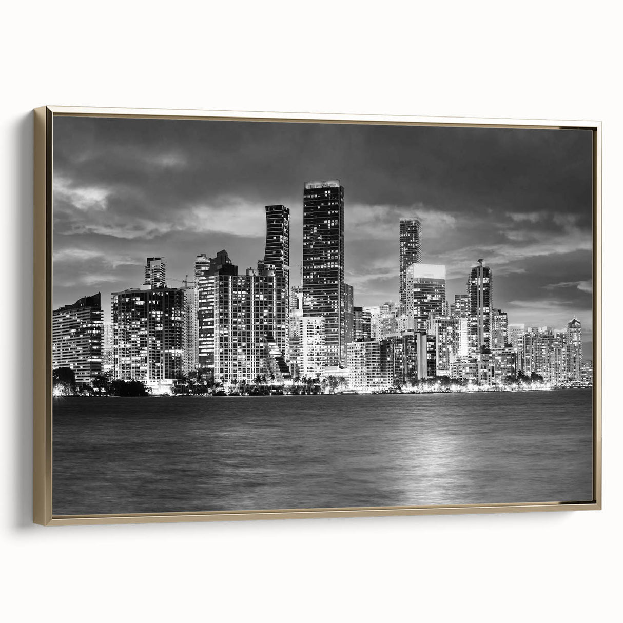 Landscape painting of a serene lake at dusk, rendered in muted gray and black tones on a framed poster.