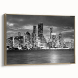 Landscape painting of a serene lake at dusk, rendered in muted gray and black tones on a framed poster.