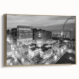 Vintage poster art of a black and white landscape, printed on framed canvas, ideal for bedroom wall decor.