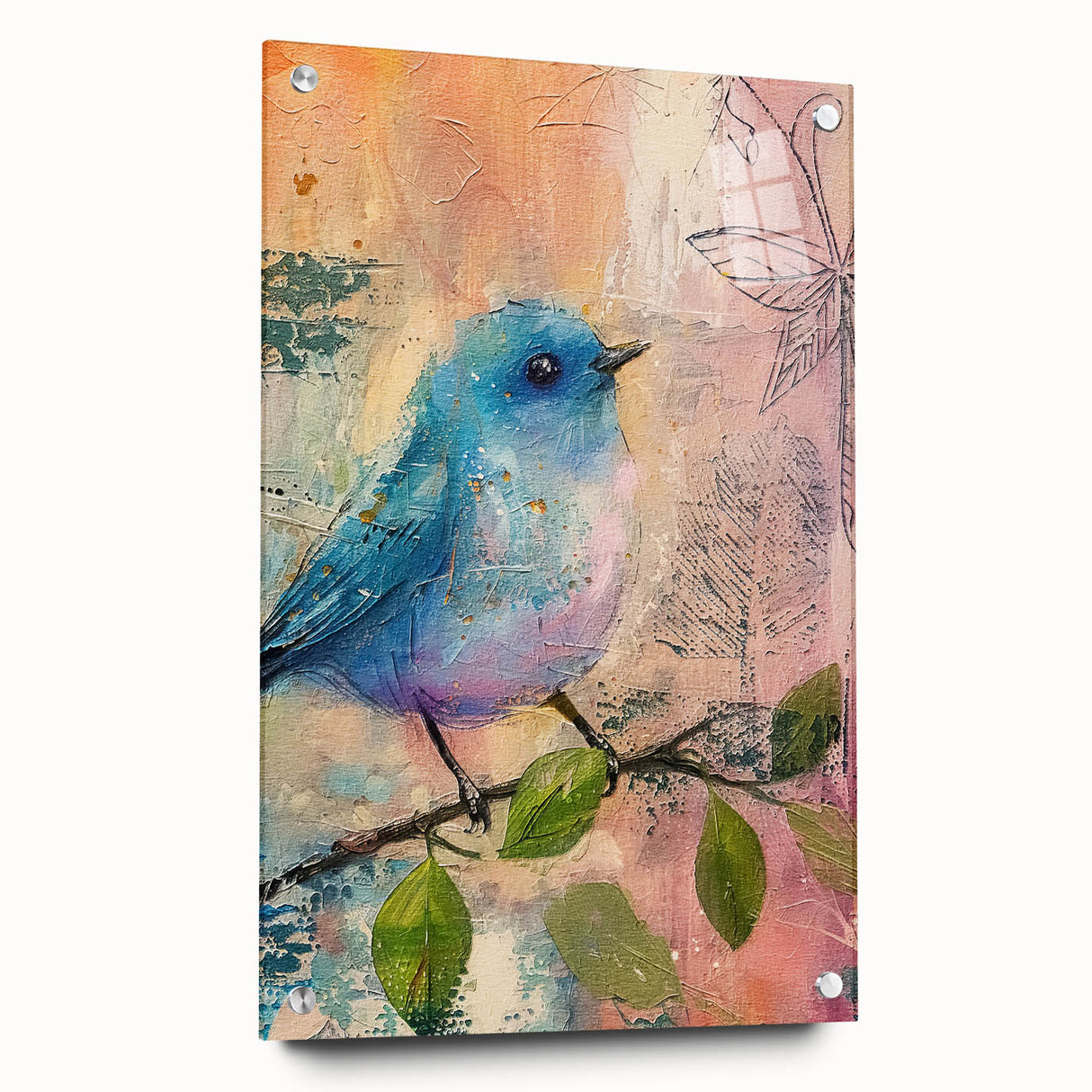 Acrylic glass side view showcasing clear, polished edges and metallic pins, ideal for modern decor and framing solutions, emphasizing elegance and durability.