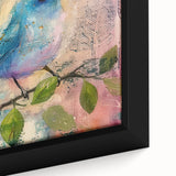 Close-up view of a beautifully framed canvas showcasing an intricate African tribal art design, emphasizing vibrant colors and fine details, ideal for home decor.