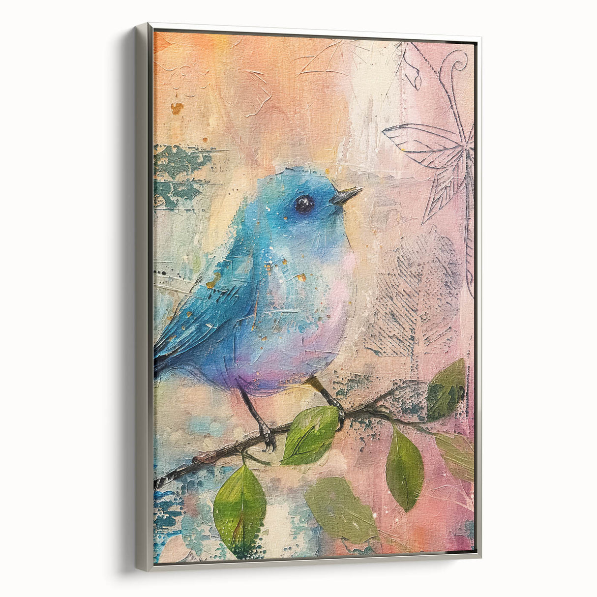 Framed canvas art depicting a serene landscape with vibrant colors, featuring a sleek silver frame that enhances the artwork's elegance, ideal for modern home decor.