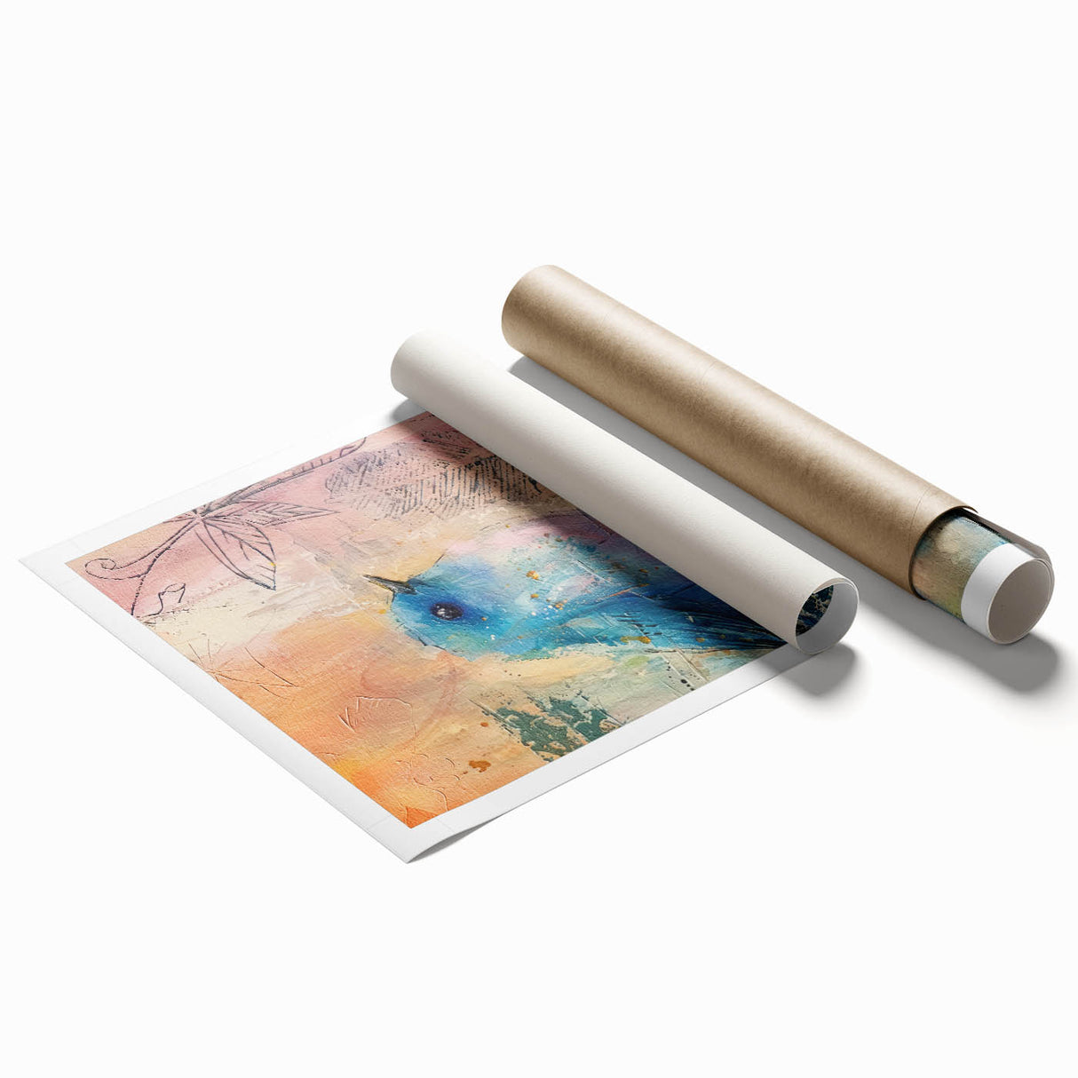 Rolled canvas print showcasing vibrant African tribal art, featuring intricate patterns and colors, securely packaged in a protective cardboard tube for shipping.