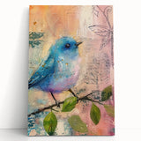 Stretched canvas art featuring a vibrant abstract design with bold colors, elegantly leaning against a white wall, ideal for modern home decor.