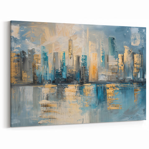 Modern Abstract Skyline Art - Urban Blue and Gold Architectural Print