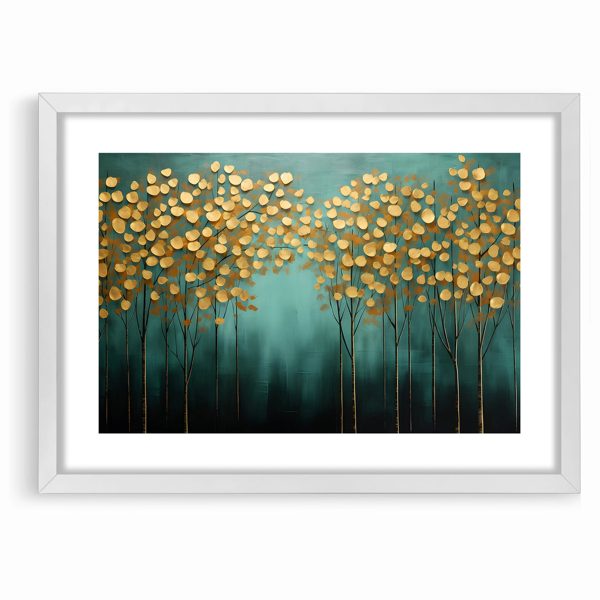Golden Leaf Canopy on Green Canvas - Abstract Forest Wall Art