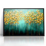 Golden Leaf Canopy on Green Canvas - Abstract Forest Wall Art