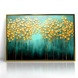 Golden Leaf Canopy on Green Canvas - Abstract Forest Wall Art
