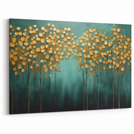 Golden Leaf Canopy on Green Canvas - Abstract Forest Wall Art