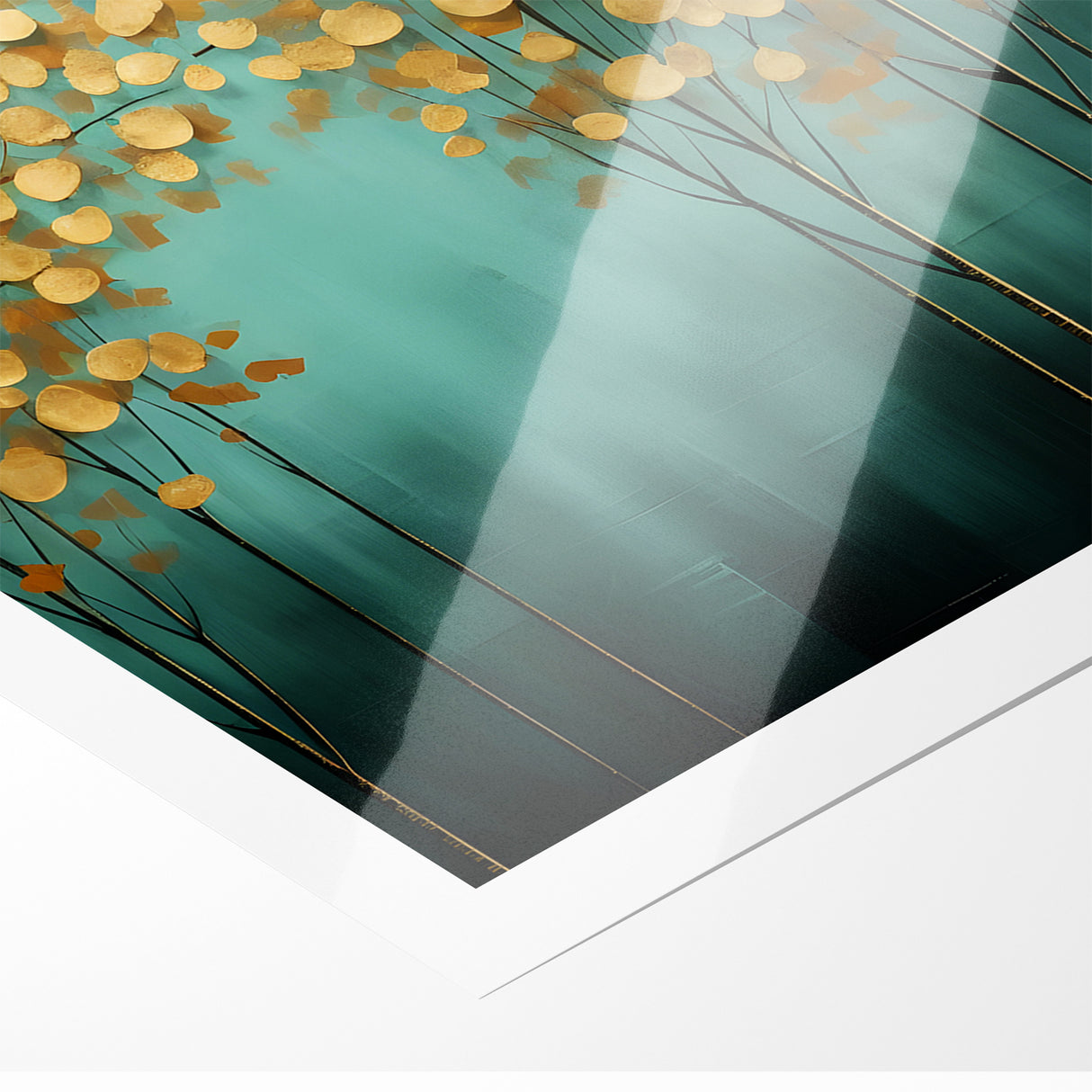Golden Leaf Canopy on Green Canvas - Abstract Forest Wall Art