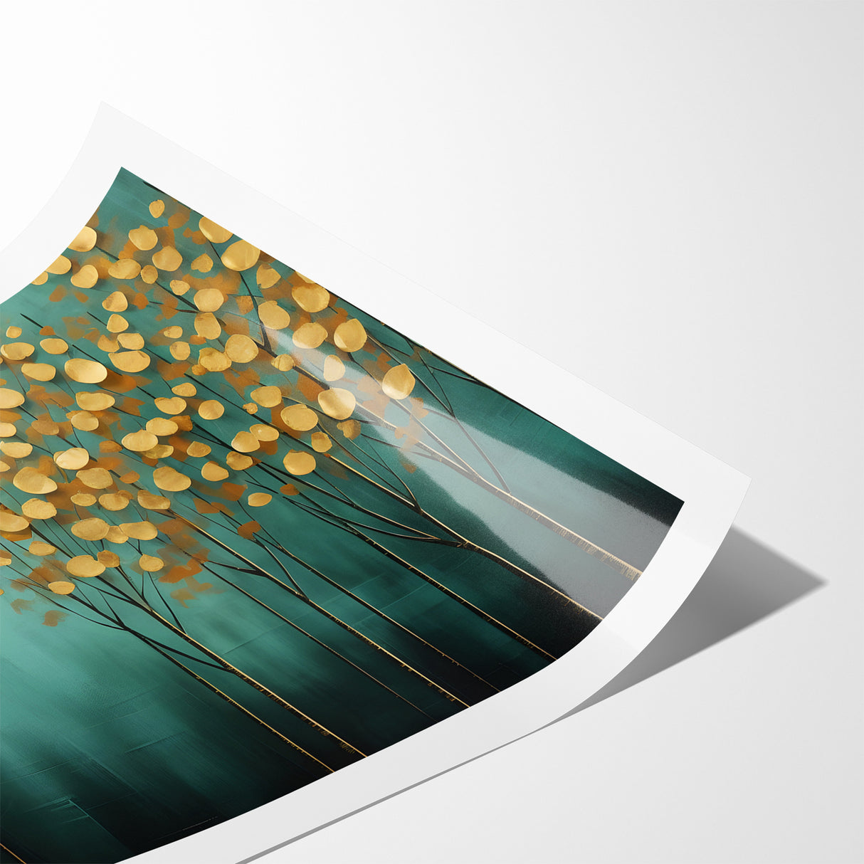 Golden Leaf Canopy on Green Canvas - Abstract Forest Wall Art