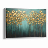 Golden Leaf Canopy on Green Canvas - Abstract Forest Wall Art