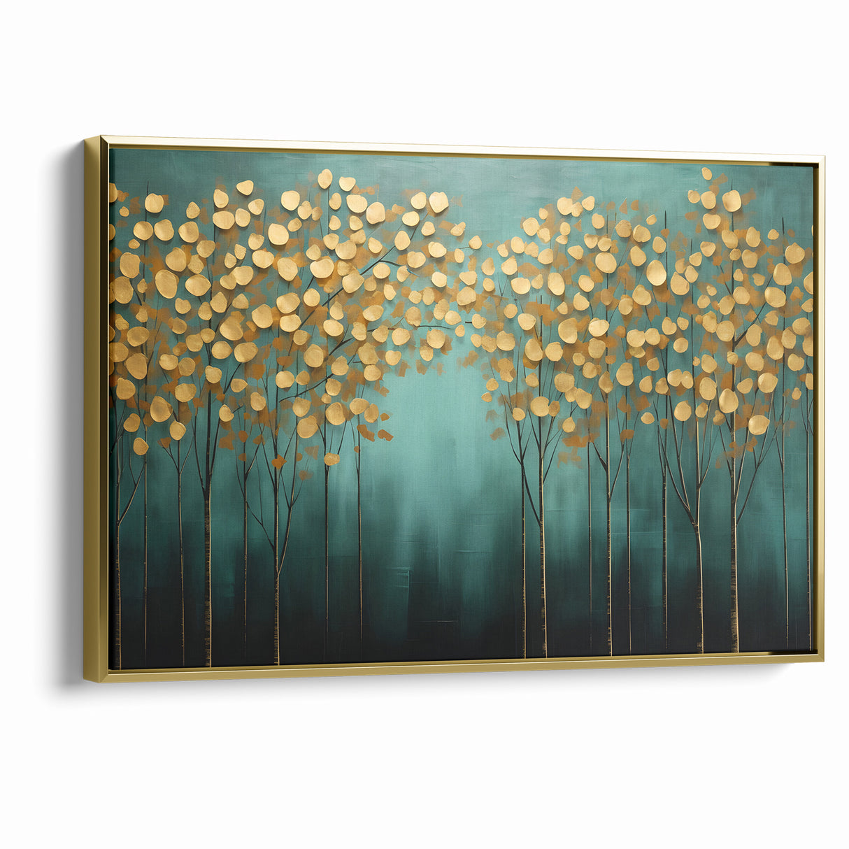 Golden Leaf Canopy on Green Canvas - Abstract Forest Wall Art