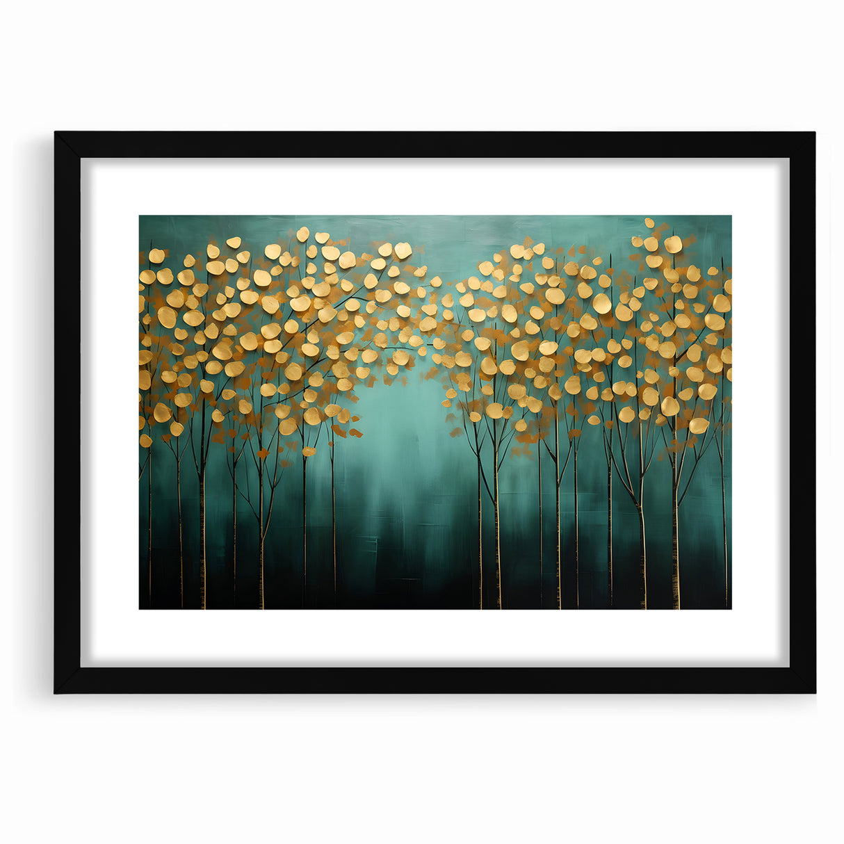 Golden Leaf Canopy on Green Canvas - Abstract Forest Wall Art