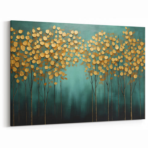 Golden Leaf Canopy on Green Canvas - Abstract Forest Wall Art
