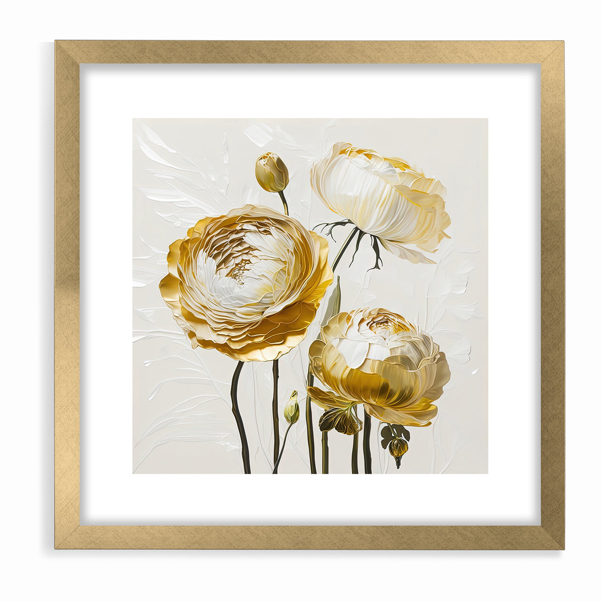 Elegant White and Gold Floral Canvas - Modern Abstract Flower Art