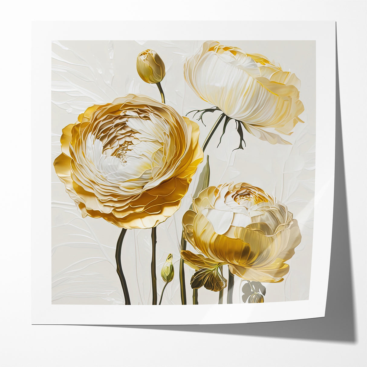 Elegant White and Gold Floral Canvas - Modern Abstract Flower Art
