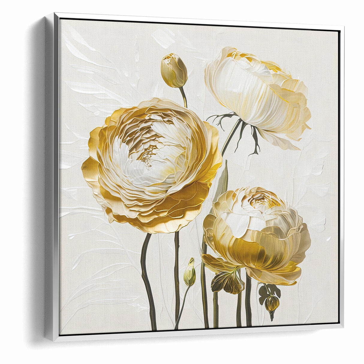 Elegant White and Gold Floral Canvas - Modern Abstract Flower Art