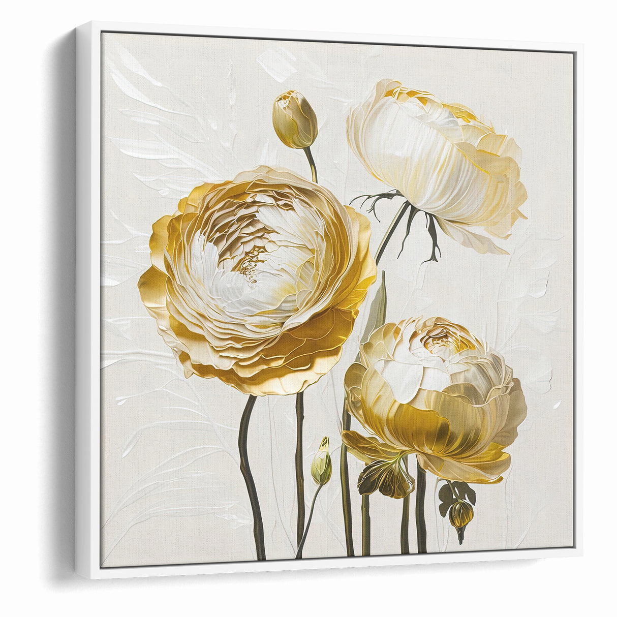 Elegant White and Gold Floral Canvas - Modern Abstract Flower Art