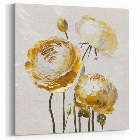Elegant White and Gold Floral Canvas - Modern Abstract Flower Art