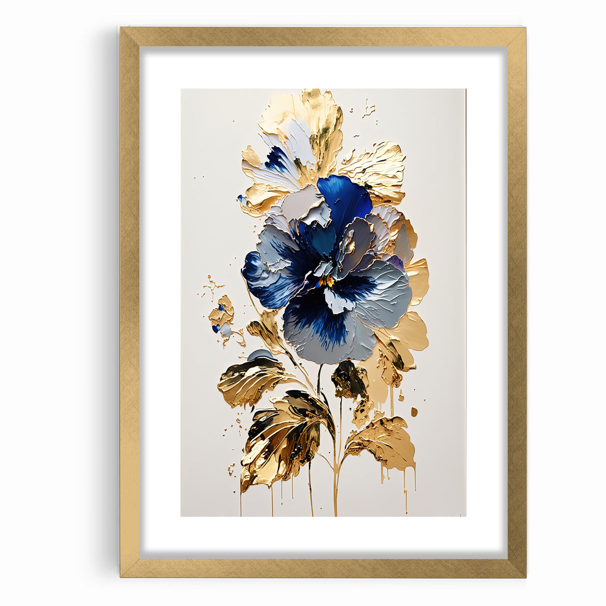 Modern Floral Abstract Canvas - Elegant Blue and Gold Flower Wall Art