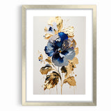 Modern Floral Abstract Canvas - Elegant Blue and Gold Flower Wall Art