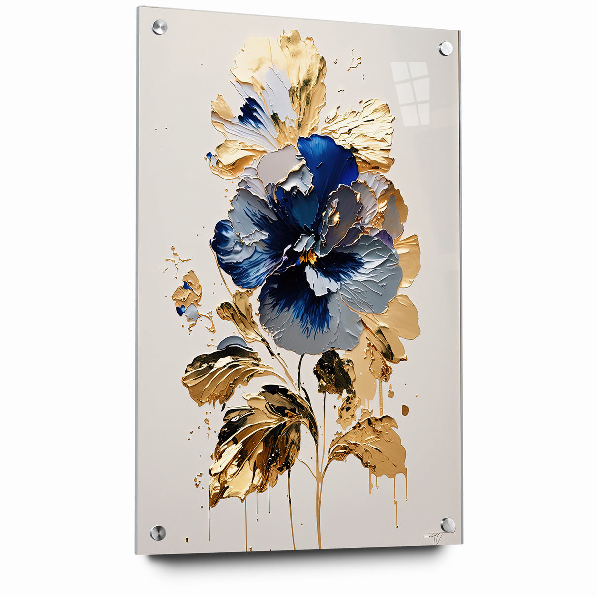 Modern Floral Abstract Canvas - Elegant Blue and Gold Flower Wall Art