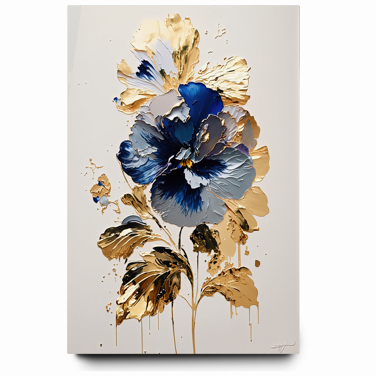 Modern Floral Abstract Canvas - Elegant Blue and Gold Flower Wall Art