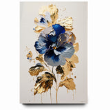Modern Floral Abstract Canvas - Elegant Blue and Gold Flower Wall Art